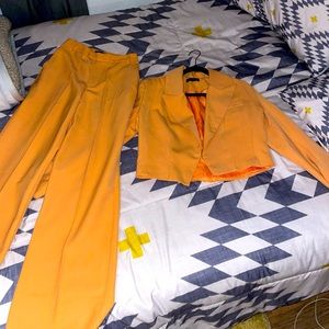 Gold pantsuit with tuxedo crop jacket